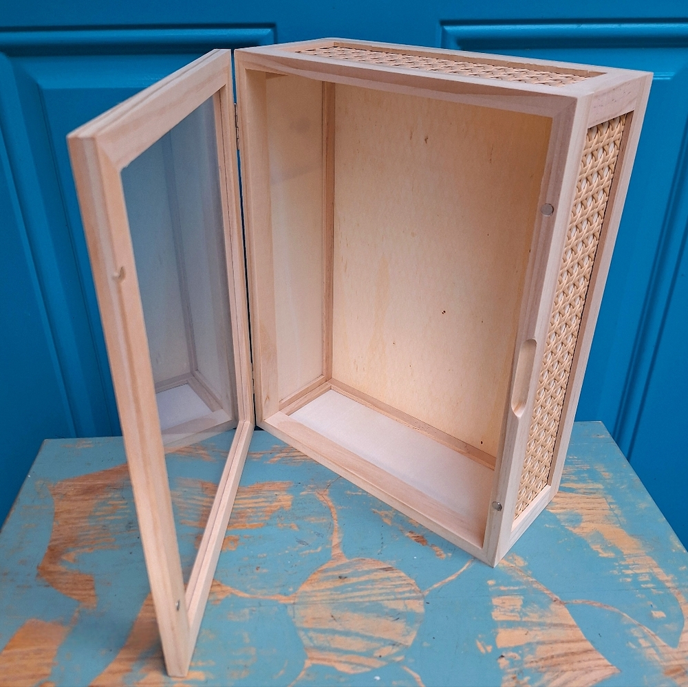 Wood and Glass Display Box or Wall Shelf Hinged Lid Wicker Trinkets Collectibles - Picture 5 of 15